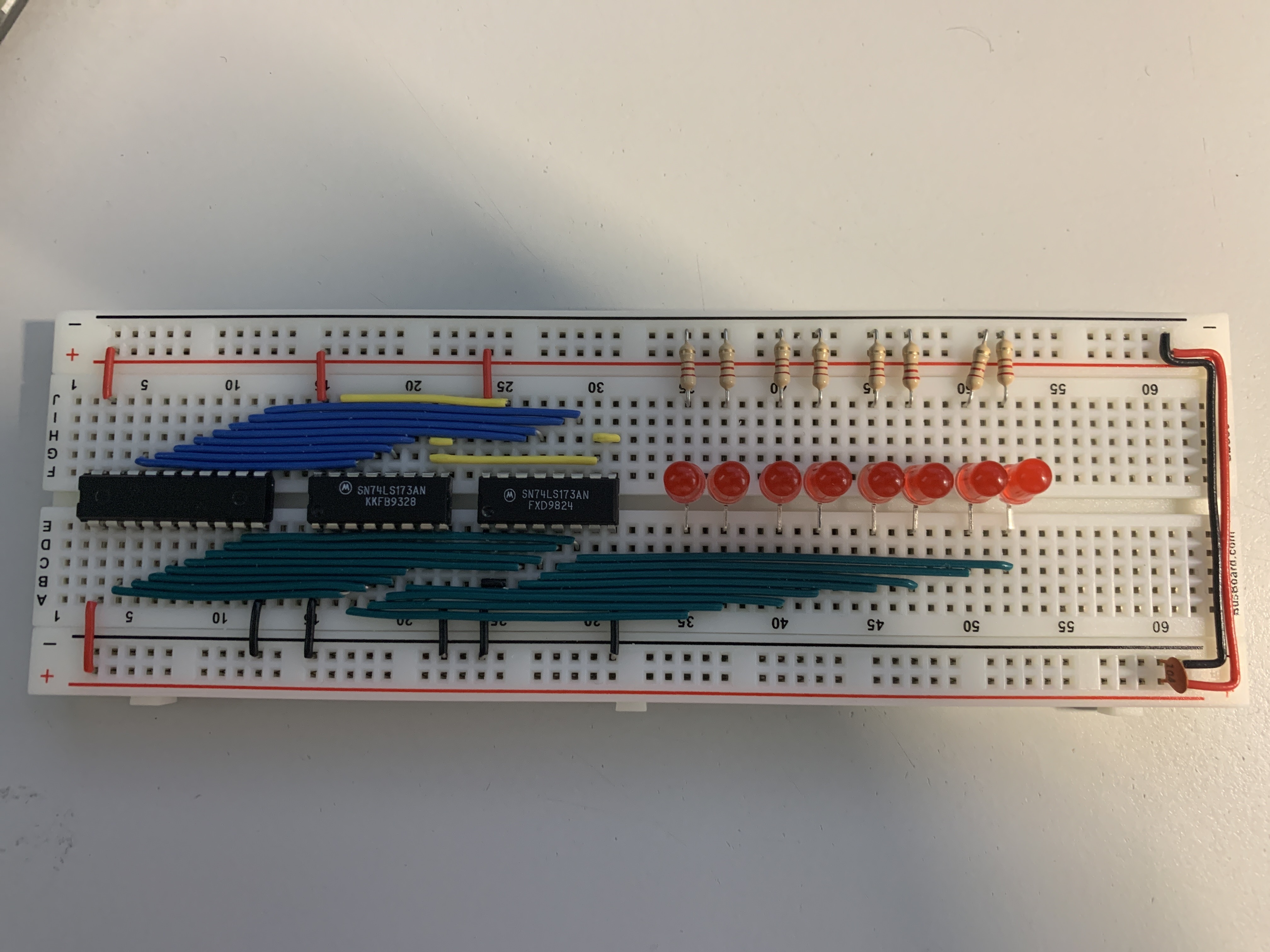Image of a populated breadboard showing the original 5mm LEDs used for the registers.