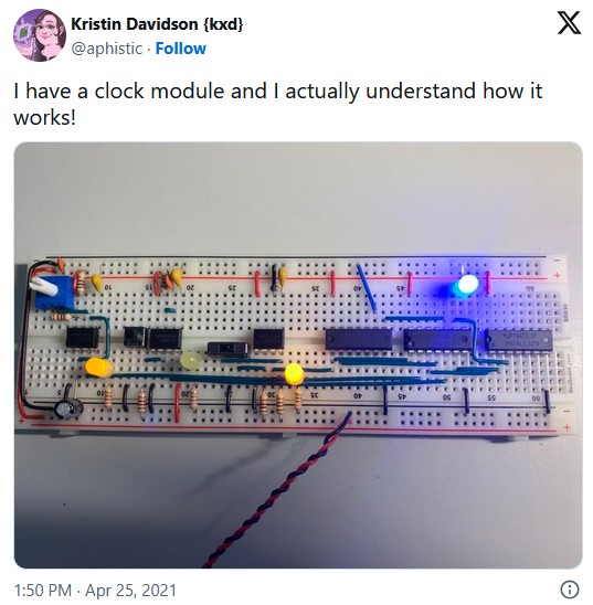 A Tweet from my twitter account that says 'I have a clock module and I actually understand how it works!' and shows a picture of a breadboard with various components on it and a few LEDs that seem like they could be blinking.